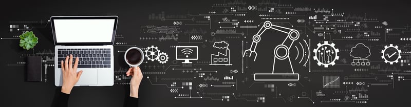 Symbole zur Zukunft von Industrierobotern in der vernetzen Arbeitswelt.