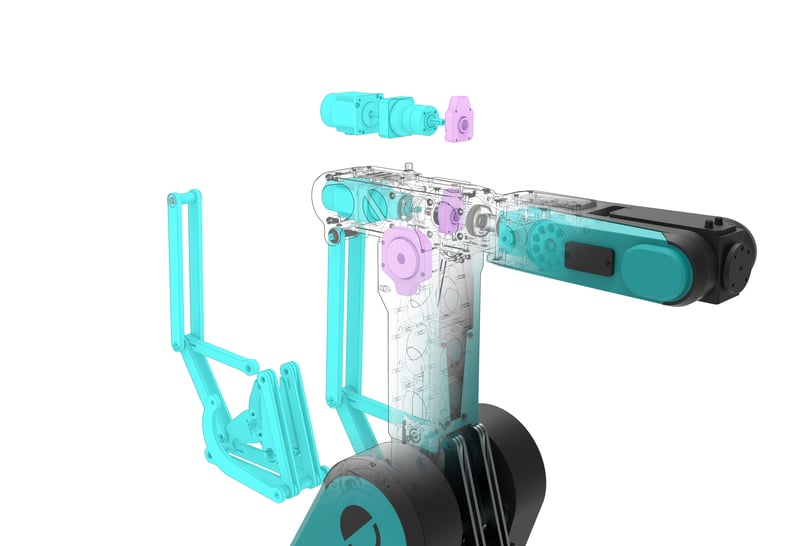 Aufbau des Industrieroboters HORST mit Viergelenkkette und Planetengetriebe.
